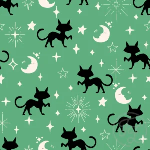 Black cats, moon & stars in dusty green