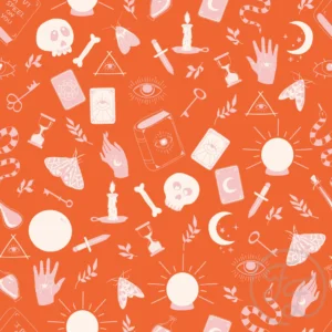 Crystal ball, hands, keys & bones in Halloween orange